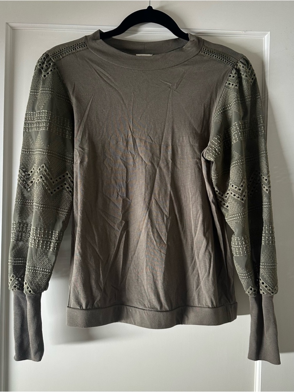 Women's Olive Eyelet Sleeve Top - Classic Long Sleeve Blouse